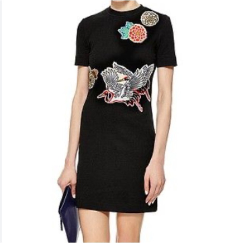 Carven Pelicans & Fruit Embroidered Appliqués Knit Mini Dress in Black Size S